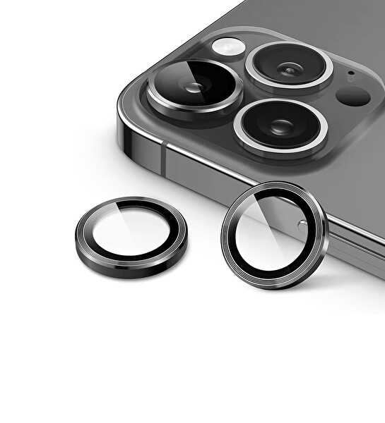 IPG iPhone 15 Pro / Pro Max için IPG ProLENS Kamera Lens Koruyucu Alüminyum CD Çerçeveli Kırılmaz Cam Uzay Grisi