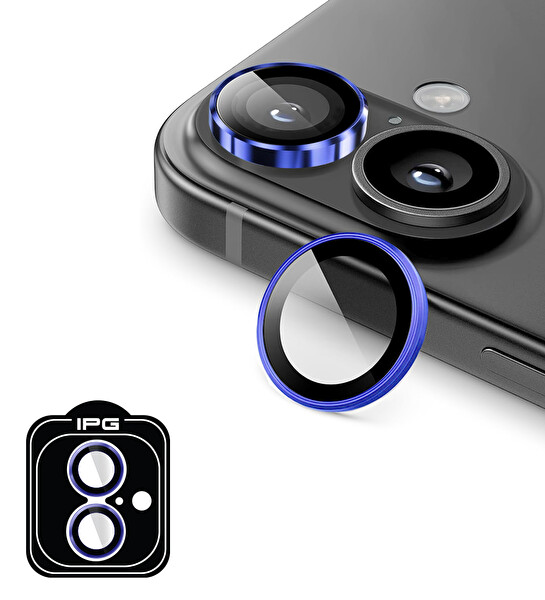 IPG iPhone 16 / 16 Plus için IPG ProLENS Kamera Lens Koruyucu Alüminyum CD Çerçeveli Kırılmaz Cam Mavi