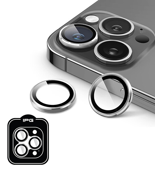 IPG iPhone 14 Pro / Pro Max için IPG ProLENS Kamera Lens Koruyucu Alüminyum CD Çerçeveli Kırılmaz Cam Gümüş