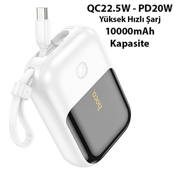 Hoco Q20 Fountain 10000 mAh 22.5W - PD20W Dijital Göstergeli Kablolu Powerbank Beyaz