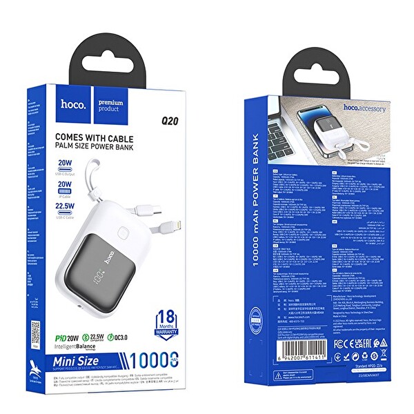 Hoco Q20 Fountain 10000 mAh 22.5W - PD20W Dijital Göstergeli Kablolu Powerbank Beyaz