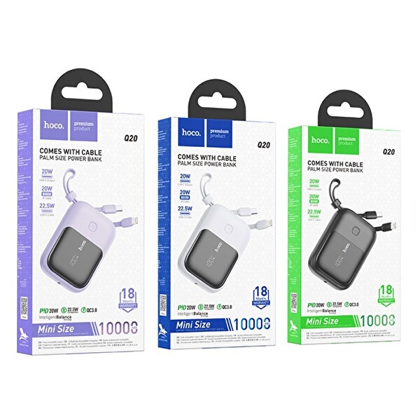 Hoco Q20 Fountain 10000 mAh 22.5W - PD20W Dijital Göstergeli Kablolu Powerbank Mor