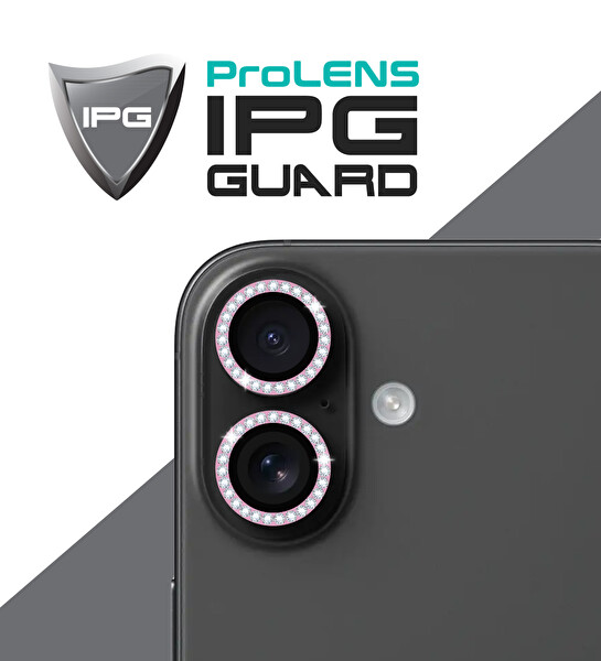 IPG iPhone 16 / 16 Plus İçin IPG Prolens Kamera Lens Koruyucu Elmas Taş Çerçeveli, Kırılmaz Cam (Pembe)