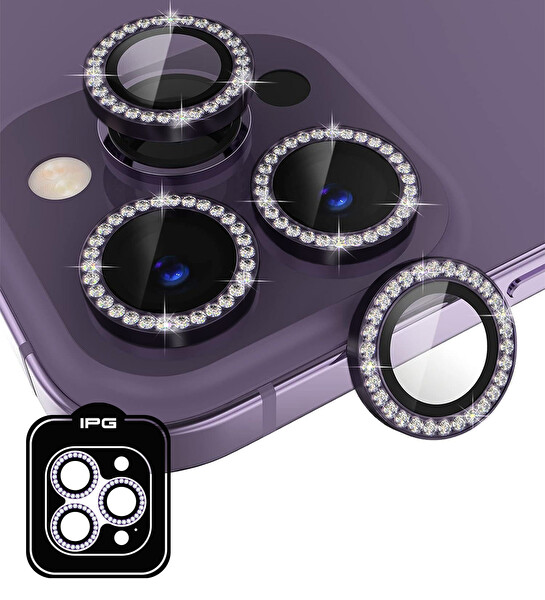 IPG iPhone 16 Pro / Pro Max İçin IPG Prolens Kamera Lens Koruyucu Elmas Taş Çerçeveli, Kırılmaz Cam (Koyu Mor)
