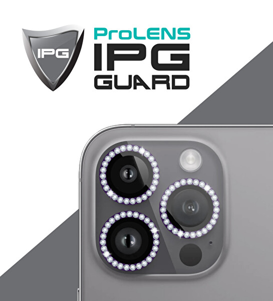 IPG iPhone 16 Pro / Pro Max İçin IPG Prolens Kamera Lens Koruyucu Elmas Taş Çerçeveli, Kırılmaz Cam (Koyu Mor)