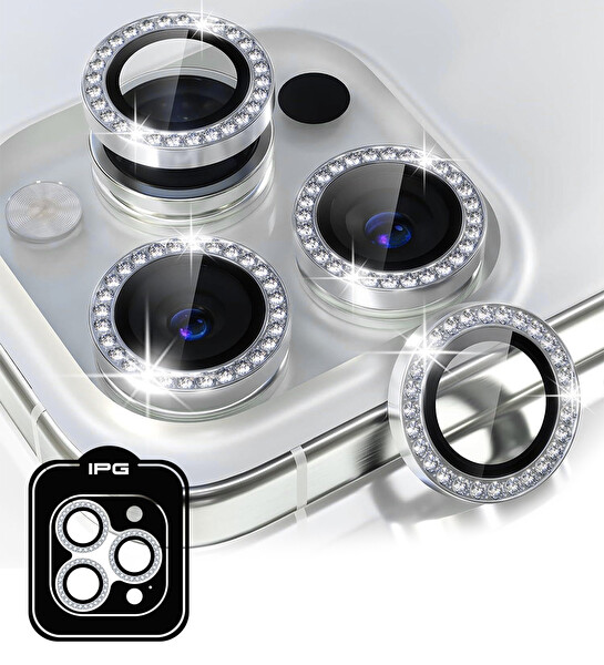 IPG iPhone 16 Pro / Pro Max İçin IPG Prolens Kamera Lens Koruyucu Elmas Taş Çerçeveli, Kırılmaz Cam (Gümüş)
