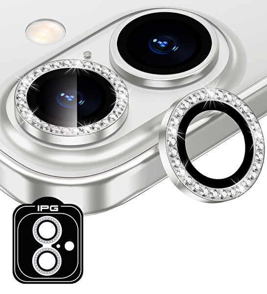 IPG iPhone 16 / 16 Plus İçin IPG Prolens Kamera Lens Koruyucu Elmas Taş Çerçeveli, Kırılmaz Cam (Gümüş)