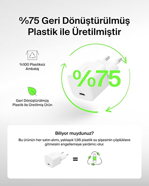 Belkin BoostCharge USB-C 25 W PD 3.0 PPS Hızlı Şarj Cihazı Beyaz