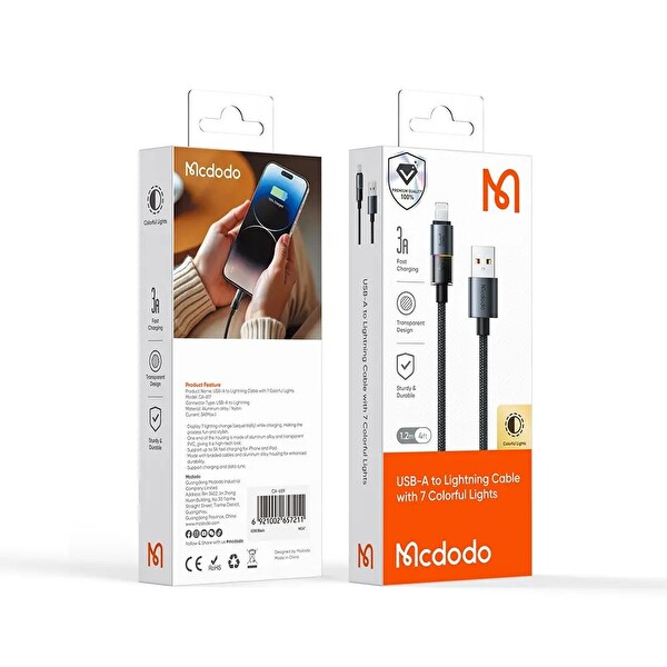 Mcdodo CA-8170 USB iPhone 3A 7 Renkli LED Işıklı Şarj Data Kablosu