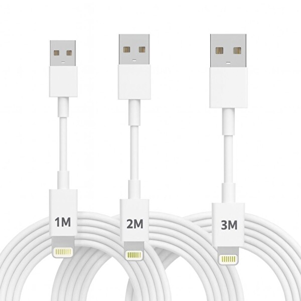 ScHitec 3 Paket 3A 60W UsbA to Lightning Hızlı Data ve Şarj Kablosu 1 Metre - 2 Metre - 3 Metre Beyaz