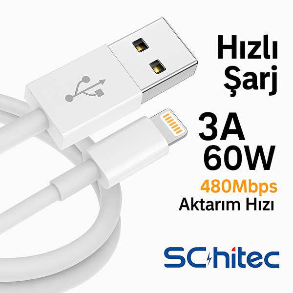 ScHitec 3 Paket 3A 60W UsbA to Lightning Hızlı Data ve Şarj Kablosu 1 Metre - 2 Metre - 3 Metre Beyaz