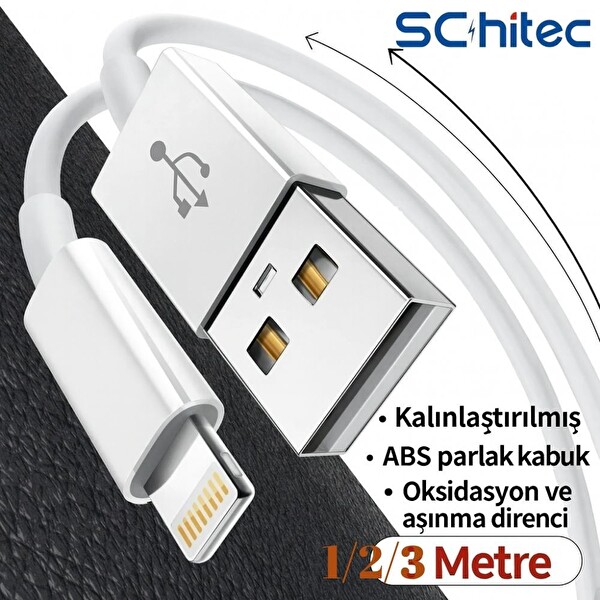 ScHitec 3 Paket 3A 60W UsbA to Lightning Hızlı Data ve Şarj Kablosu 1 Metre - 2 Metre - 3 Metre Beyaz