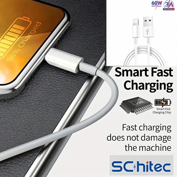 ScHitec 3 Paket 3A 60W UsbA to Lightning Hızlı Data ve Şarj Kablosu 1 Metre - 2 Metre - 3 Metre Beyaz