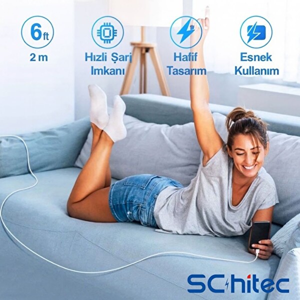 ScHitec 3A 60W UsbA to Lightning Hızlı Data ve Şarj Kablosu 2 Metre Beyaz X74