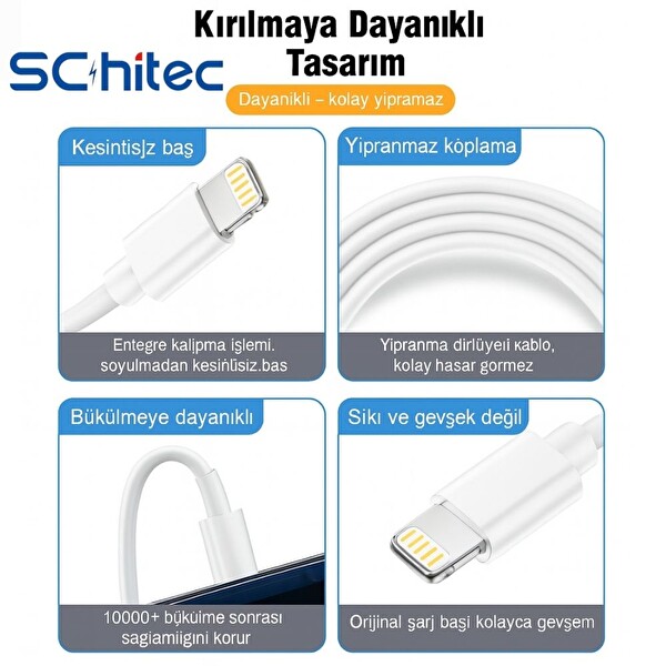 ScHitec 3A 60W UsbA to Lightning Hızlı Data ve Şarj Kablosu 2 Metre Beyaz X74