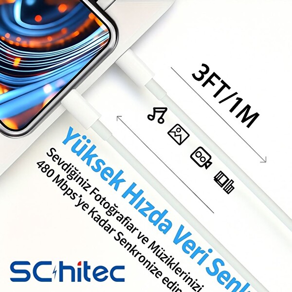 ScHitec 3A 60W Type-C to Lightning Hızlı Data ve Şarj Kablosu 1 Metre Beyaz SX251M