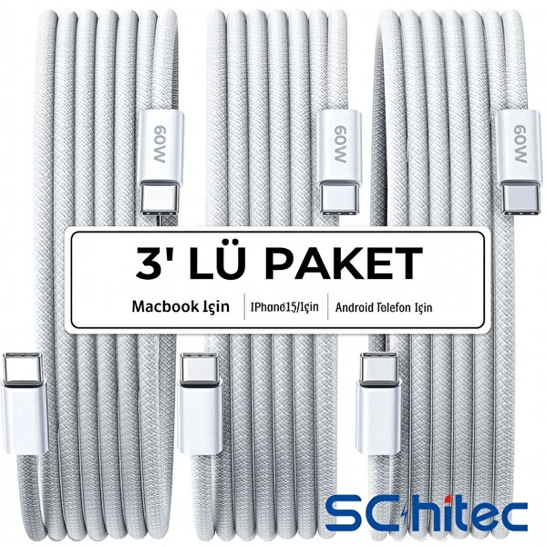 ScHitec 3 Paket 6A 60W Type-C to Type-C Örgülü Hızlı Data ve Şarj Kablosu 1 Metre K291