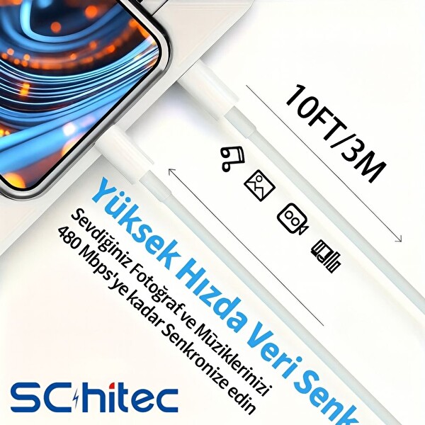 ScHitec 3 Paket 3A 60W Type-C to Lightning Hızlı Data ve Şarj Kablosu 1 Metre - 2 Metre - 3 Metre Beyaz SX253P