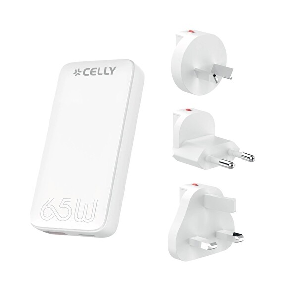 Celly 65W Evrensel GaN Çoklu Fiş Beyaz Duvar Şarj Aleti