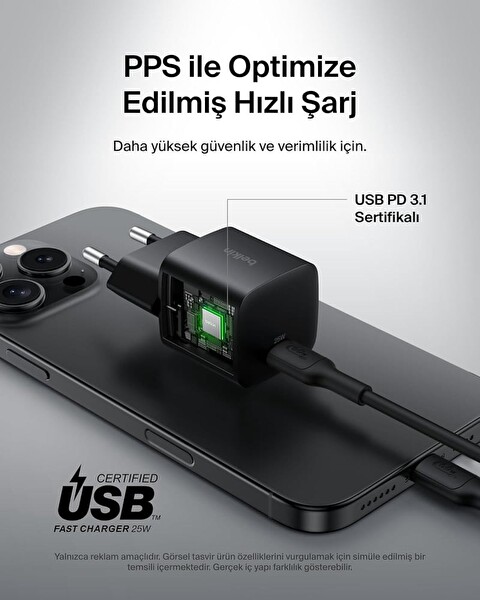 Belkin USB-C 25 W PD 3.0 PPS Siyah Hızlı Şarj Aleti