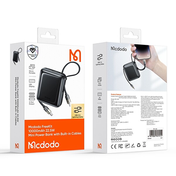 Mcdodo MC-2550 10000 mAh 22.5W Dahili Kablolu Mini Powerbank