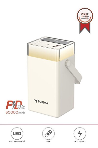 Torima TRM-1061 Beyaz 60.000 mAh Type-C Lightning 22.5 W Hızlı Şarj RGB Led Işıklı Powerbank