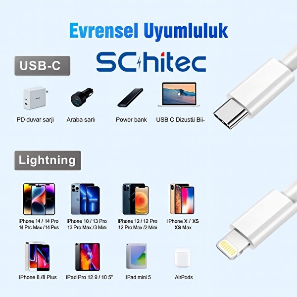 ScHitec 3 Paket 6A 100W Type-C to Lightning Hızlı Data ve Şarj Kablosu 1 M - 2 M - 3 M Beyaz SX112131