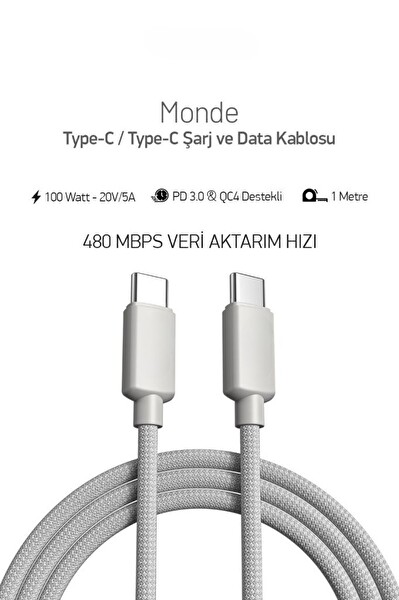 PDAteknoloji 100 W Örgülü Type C to Type C SPK-10 Monde 1 M Data ve Şarj Kablosu