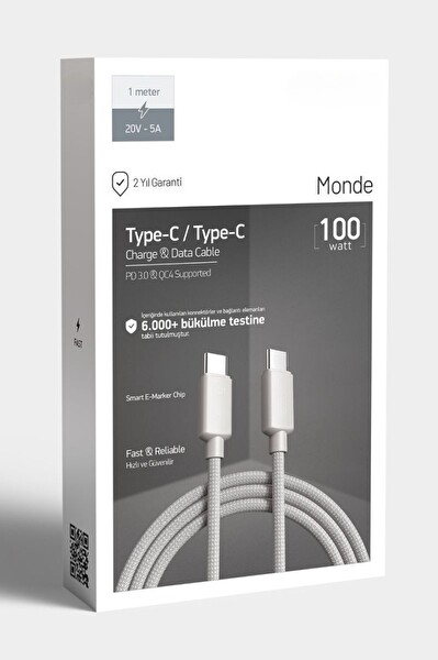 PDAteknoloji 100 W Örgülü Type C to Type C SPK-10 Monde 1 M Data ve Şarj Kablosu