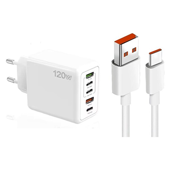 ScHitec SR30 120W 3 Type-C+2 UsbA 5 Çıkışlı Şarj Aleti Set 6A 100W UsbA to Type-C 1M Hızlı Data Şarj Kablosu