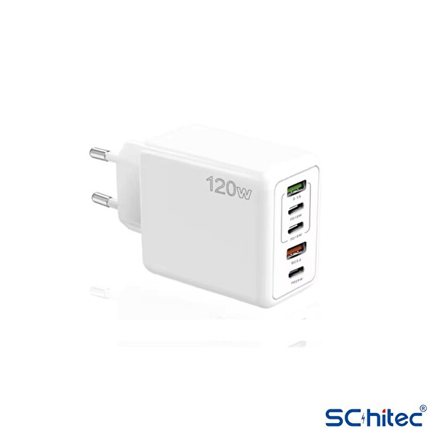 ScHitec SR30 120W 3 Type-C+2 UsbA 5 Çıkışlı Şarj Aleti Set 6A 100W UsbA to Type-C 1M Hızlı Data Şarj Kablosu