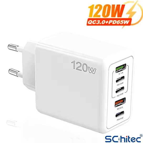 ScHitec SR30 120W 3 Type-C+2 UsbA 5 Çıkışlı Şarj Aleti Set 6A 100W UsbA to Type-C 1M Hızlı Data Şarj Kablosu