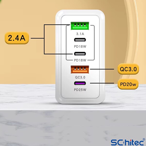 ScHitec SR30 120W 3 Type-C+2 UsbA 5 Çıkışlı Şarj Aleti Set 6A 100W UsbA to Type-C 1M Hızlı Data Şarj Kablosu