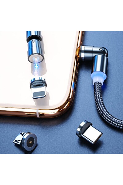 ZHL Tools 540 Dönebilen Mıknatıslı Usb 3 Başlık iPhone Type-C Micro 1 MT Kırmızı Şarj Kablosu