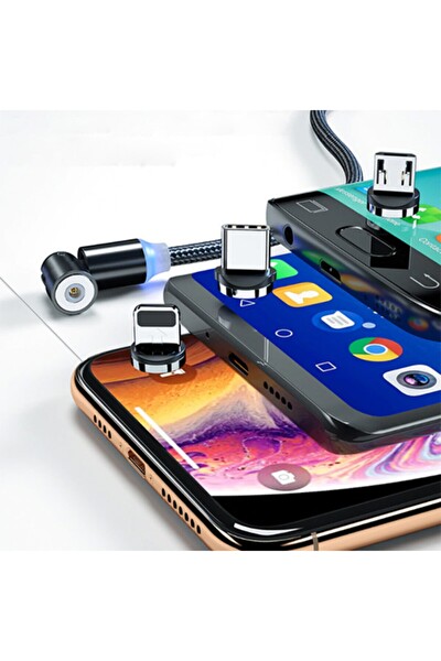ZHL Tools 540 Dönebilen Mıknatıslı Usb 3 Başlık iPhone Type-C Micro 1 MT Kırmızı Şarj Kablosu
