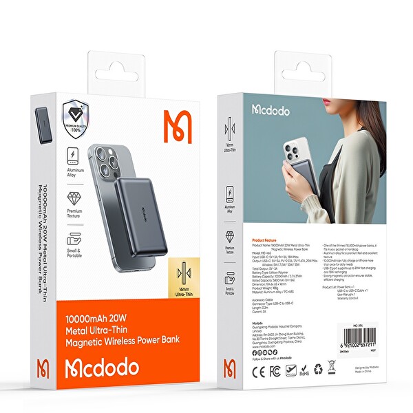 Mcdodo MC-4651 10000mAh 20W Metal Siyah Ultra İnce Kablosuz Powerbank