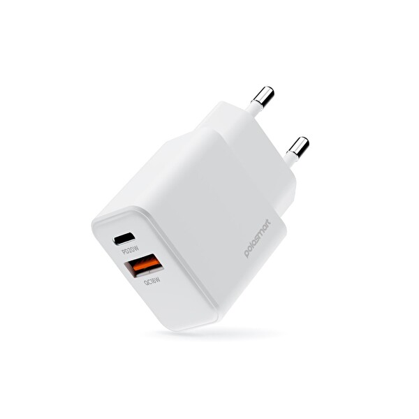Polosmart PSM136 20W PD + 18W USB Çift Port Beyaz Hızlı Şarj Cihazı