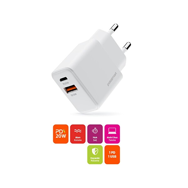 Polosmart PSM136 20W PD + 18W USB Çift Port Beyaz Hızlı Şarj Cihazı
