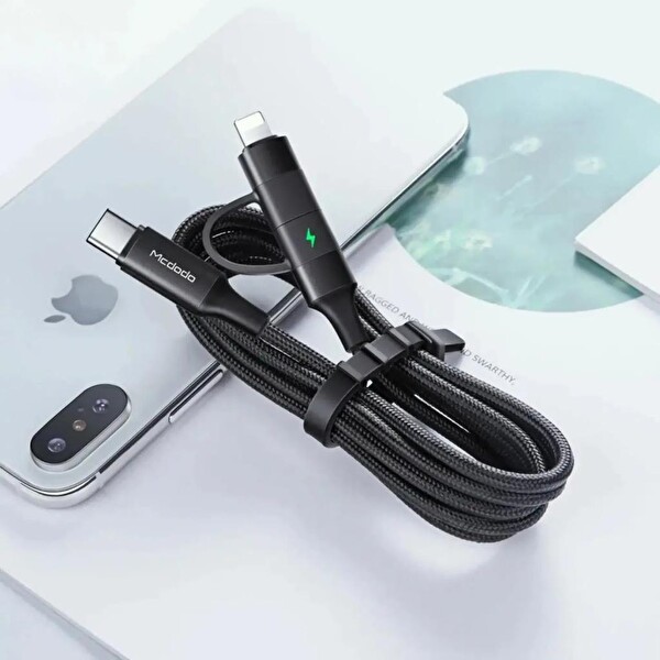 Mcdodo Siyah CA-7120 2 İn 1 60W USB-C Lightning Type C Ledli Data Şarj Kablosu 1.2 M