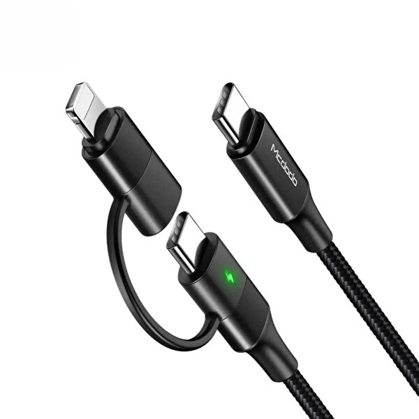 Mcdodo Siyah CA-7120 2 İn 1 60W USB-C Lightning Type C Ledli Data Şarj Kablosu 1.2 M