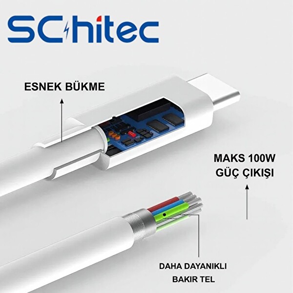ScHitec 6A 100W 1 M Beyaz SX10 Type-C To Type-C Data - Şarj Kablosu