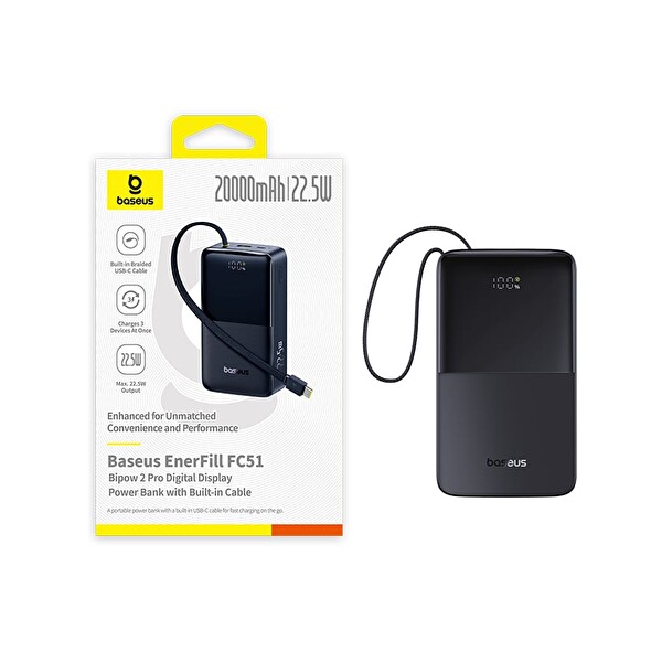 Baseus EnerFill Bipow2 Pro 20000mAh Dahili USB-C Kablolu - 22.5 W Hızlı Şarj - LED Ekranlı Taşınabilir Powerbank Siyah