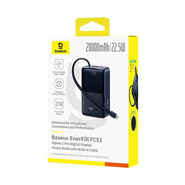 Baseus EnerFill Bipow2 Pro 20000mAh Dahili USB-C Kablolu - 22.5 W Hızlı Şarj - LED Ekranlı Taşınabilir Powerbank Siyah