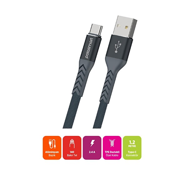 Polosmart PSM116 Type-C Şarj ve Data Kablosu 1.2 MT Gri