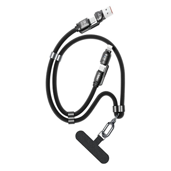 Bix 240W USB-A Ve USB-C - Lightning Çok Fonksiyonlu Örgü Askı İpli 1.5 M Veri Ve Hızlı Şarj Kablosu Siyah