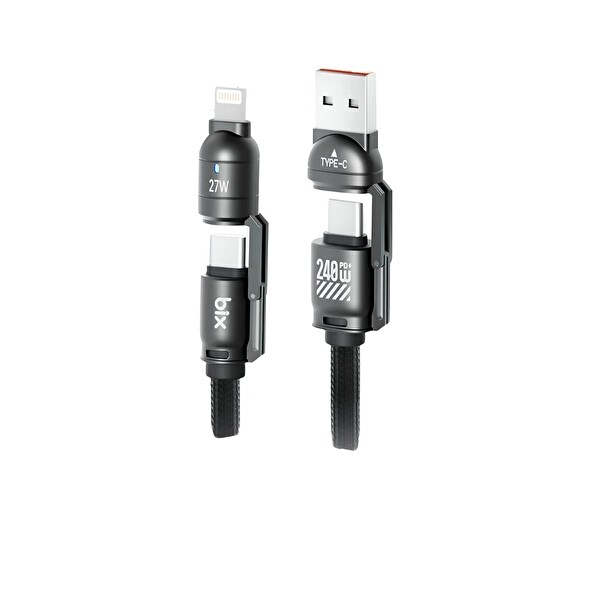 Bix 240W USB-A Ve USB-C - Lightning Çok Fonksiyonlu Örgü Askı İpli 1.5 M Veri Ve Hızlı Şarj Kablosu Siyah
