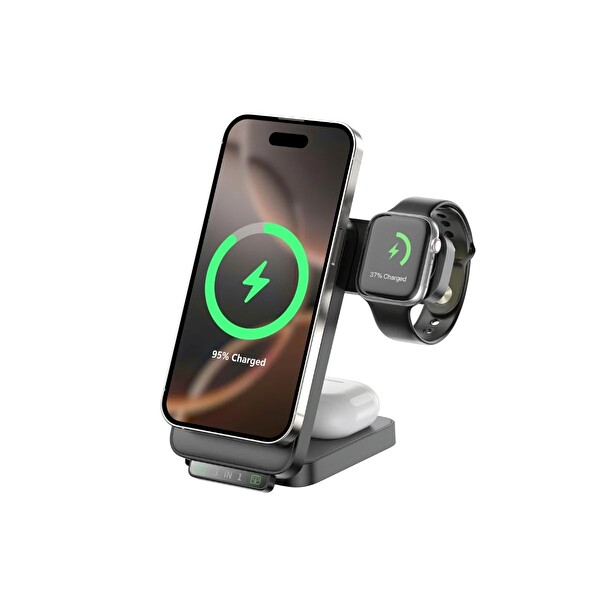 Bix TPS01 3’in 1 15 W Telefon TWS - Kulaklık - Akıllı Saat Işıklı Çok Fonksiyonlu Kablosuz Şarj Cihazı Siyah