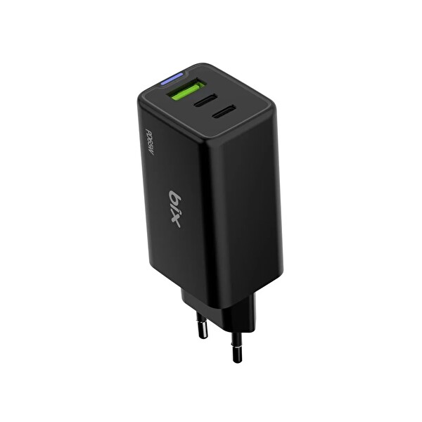 Bix BX3P66G 65W GaN 2 Type-C PD 3.0 - USB-A QC Üç Portlu Hızlı Şarj Adaptörü Laptop Telefon Uyumlu Siyah