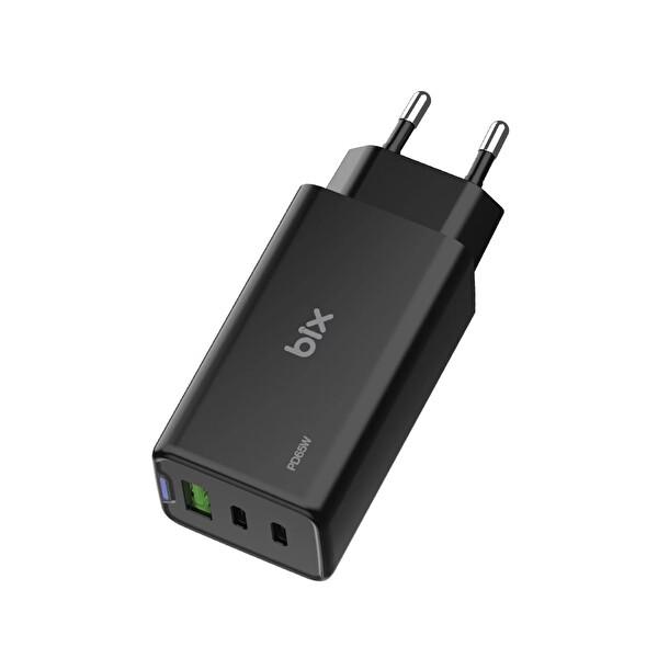Bix BX3P66G 65W GaN 2 Type-C PD 3.0 - USB-A QC Üç Portlu Hızlı Şarj Adaptörü Laptop Telefon Uyumlu Siyah