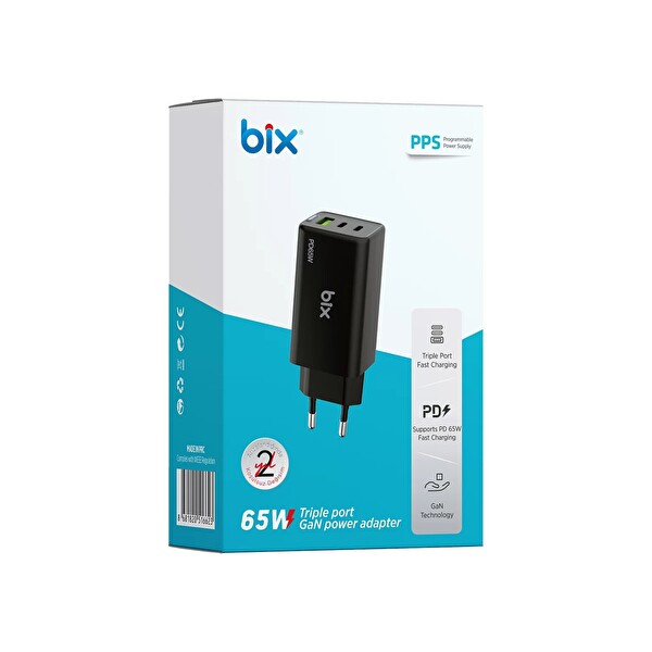 Bix BX3P66G 65W GaN 2 Type-C PD 3.0 - USB-A QC Üç Portlu Hızlı Şarj Adaptörü Laptop Telefon Uyumlu Siyah